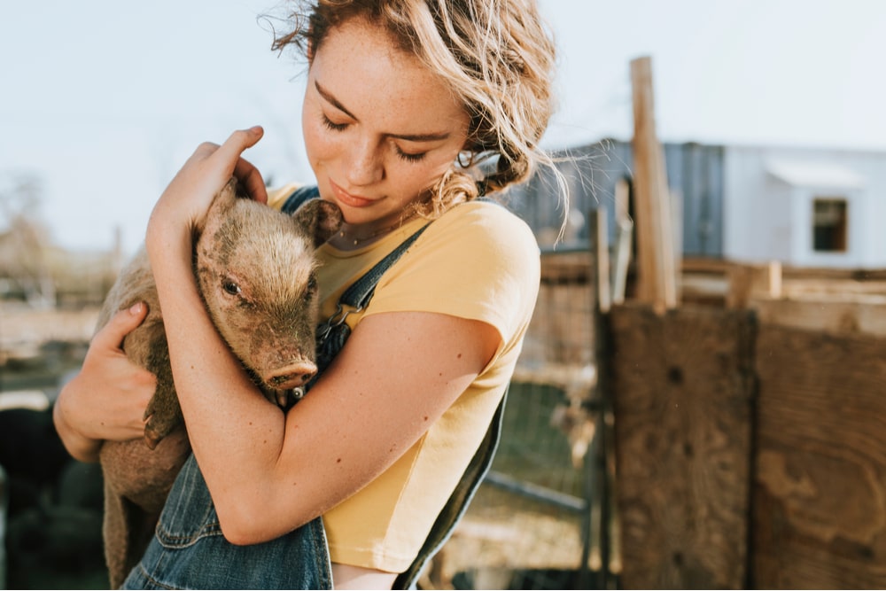 Young volunteer with a piglet, The Sanctuary at Soledad, Mojave