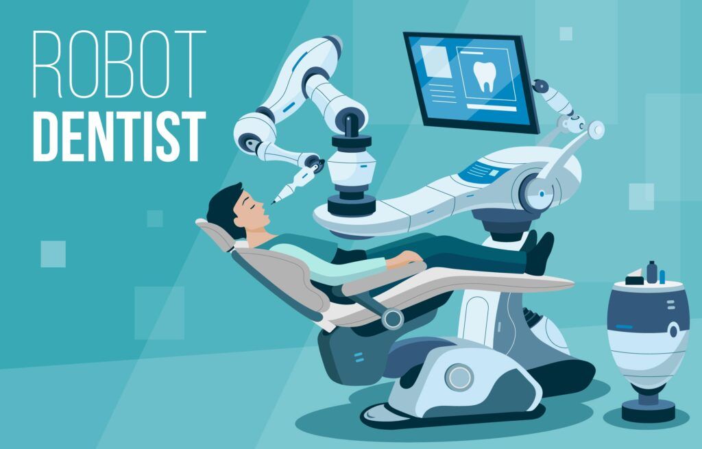 This illustration shows a modern robot dentist who treats teeth to a young man