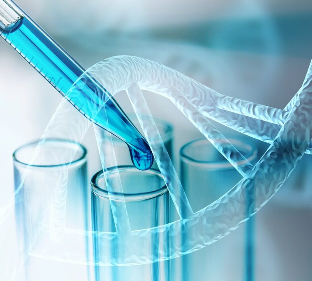 Science laboratory test tubes and DNA structure