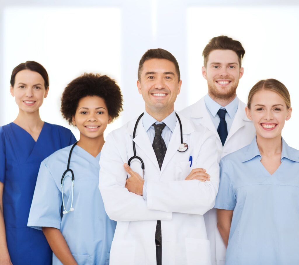 group of happy doctors at hospital