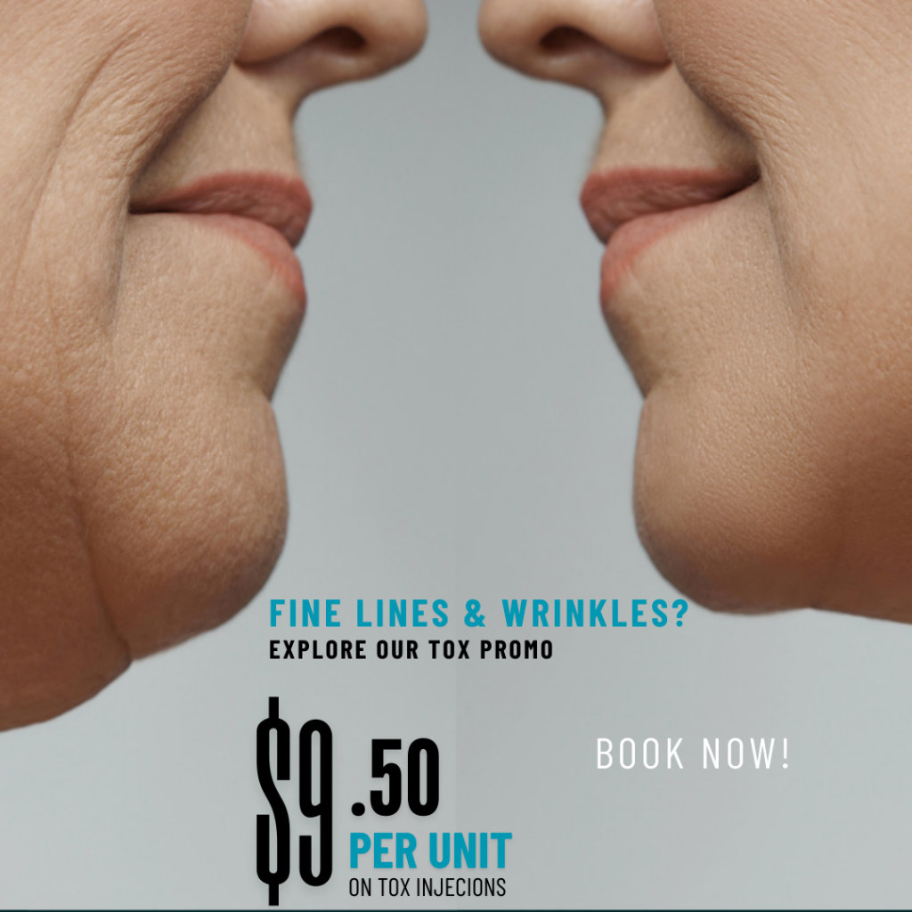 Close-up comparison of two faces with fine lines and wrinkles, promoting a Botox injection offer at $9.50 per unit.