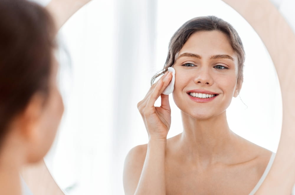 Fresh girl looking at mirror and using cotton pad, cleansing morning procedures at home