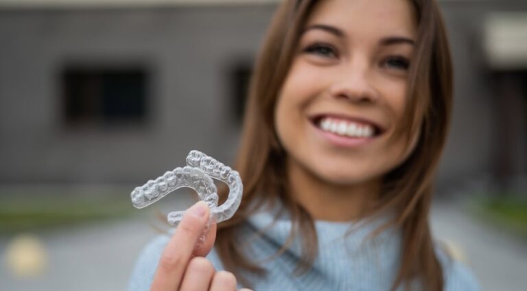 Caucasian woman with white smile holding transparent removable retainer