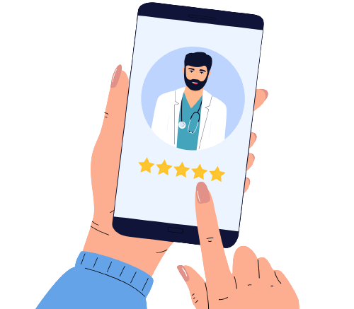 A satisfied patient leaves a good review to the doctor using the mobile application