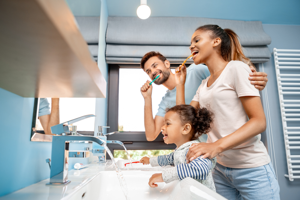 Concept Of Mixed Race Family Low Angle View Of Cheerful