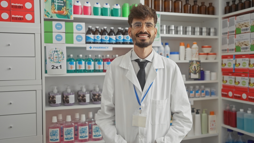 A smiling bearded pharmacist in a white coat stands confidently in a well-organized drugstore full of medical supplies and hygiene products.