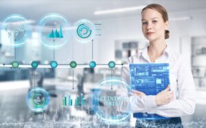 Business, technology, internet and network concept. Young businessman thinks over the steps for successful growth: Clinical trial