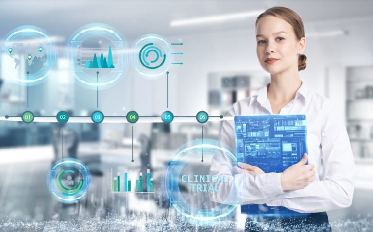 Business, technology, internet and network concept. Young businessman thinks over the steps for successful growth: Clinical trial