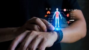 Futuristic health tech. A smartwatch projects a holographic health dashboard, providing real-time body analytics and vital signs monitoring anytime, anywhere.