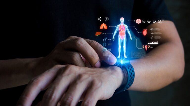 Futuristic health tech. A smartwatch projects a holographic health dashboard, providing real-time body analytics and vital signs monitoring anytime, anywhere.