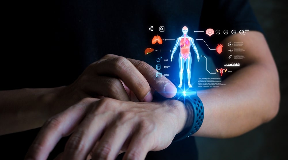 Futuristic health tech. A smartwatch projects a holographic health dashboard, providing real-time body analytics and vital signs monitoring anytime, anywhere.