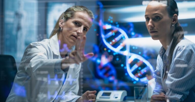 Physician And Patient Examine A Holographic Dna Model. AI-Powered Genomic Analysis Highlights Mutation Hotspots