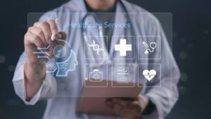 Artificial intelligence, healthcare services, medical innovation. interacting with holographic interface