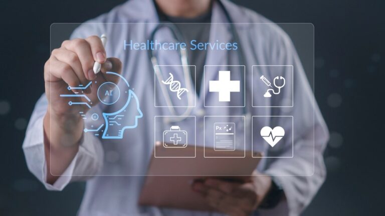 Artificial intelligence, healthcare services, medical innovation. interacting with holographic interface