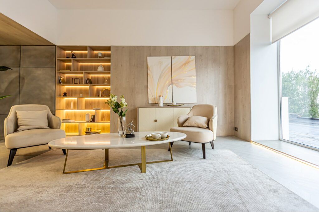 modern interior design of the living area in the studio apartment