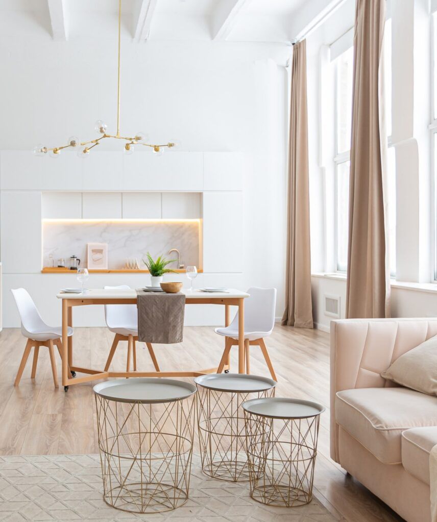 interior design spacious bright studio apartment in Scandinavian style