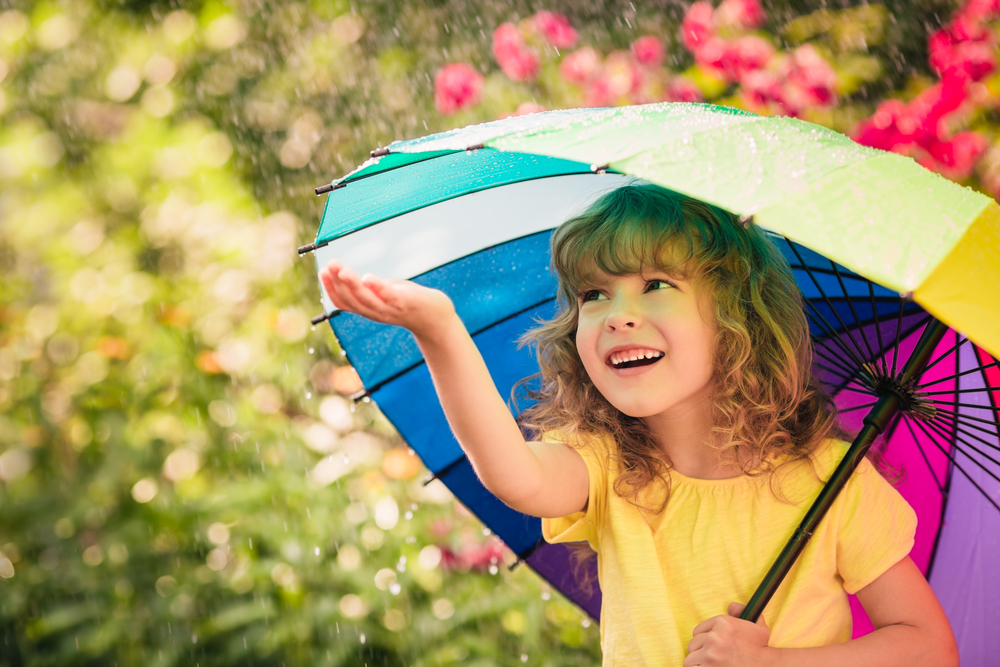 Happy Child In The Rain. Funny Kid Playing Outdoors In