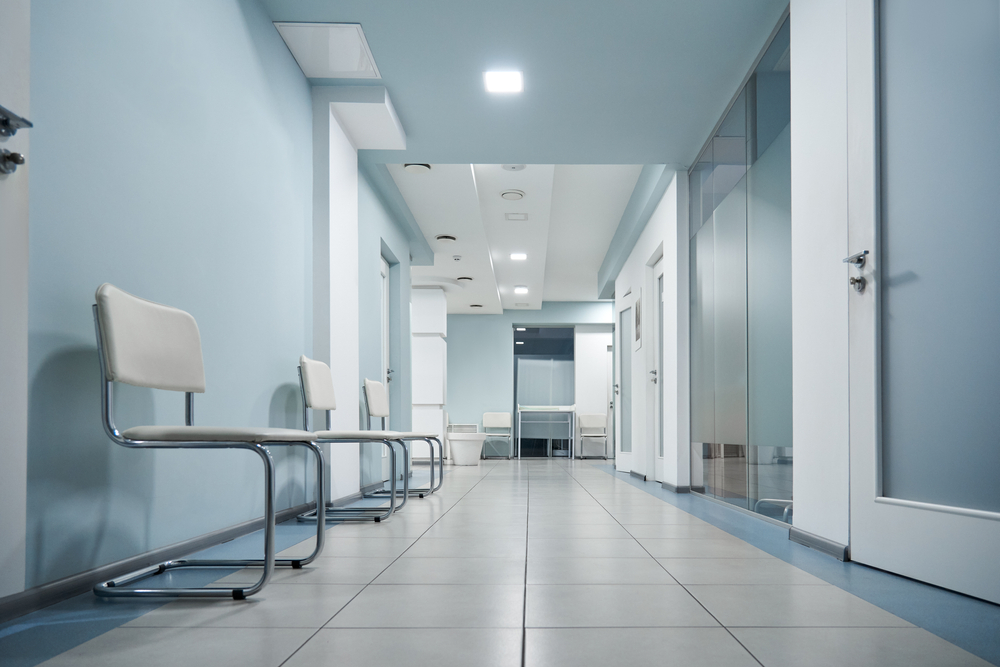 Empty Modern Hospital Corridor Clinic Hallway Interior Background With White