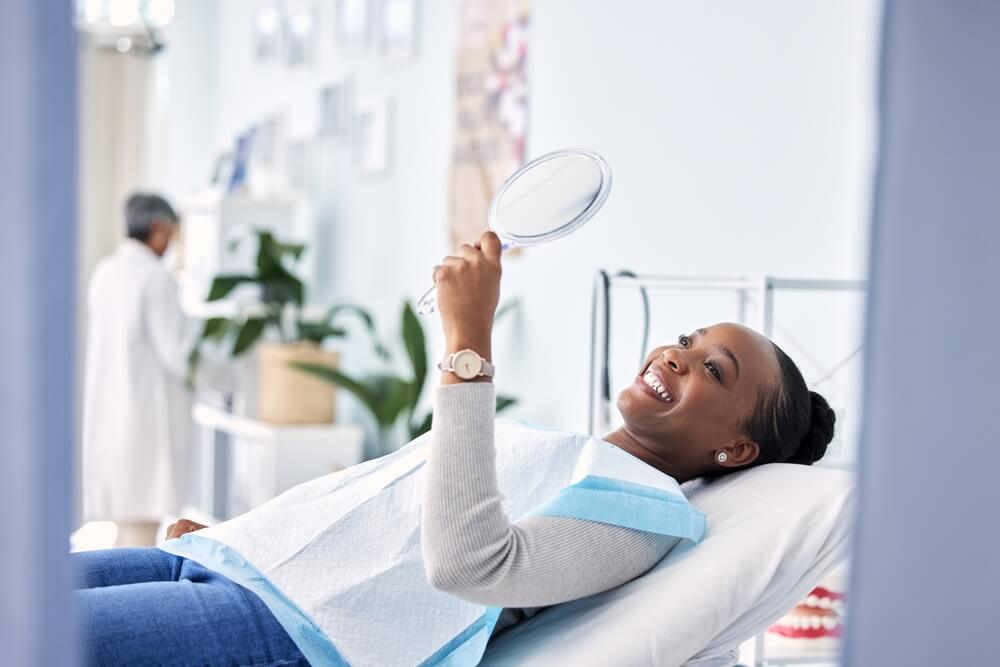 woman at dentist on chair in clinic, tooth treatment and cleaning