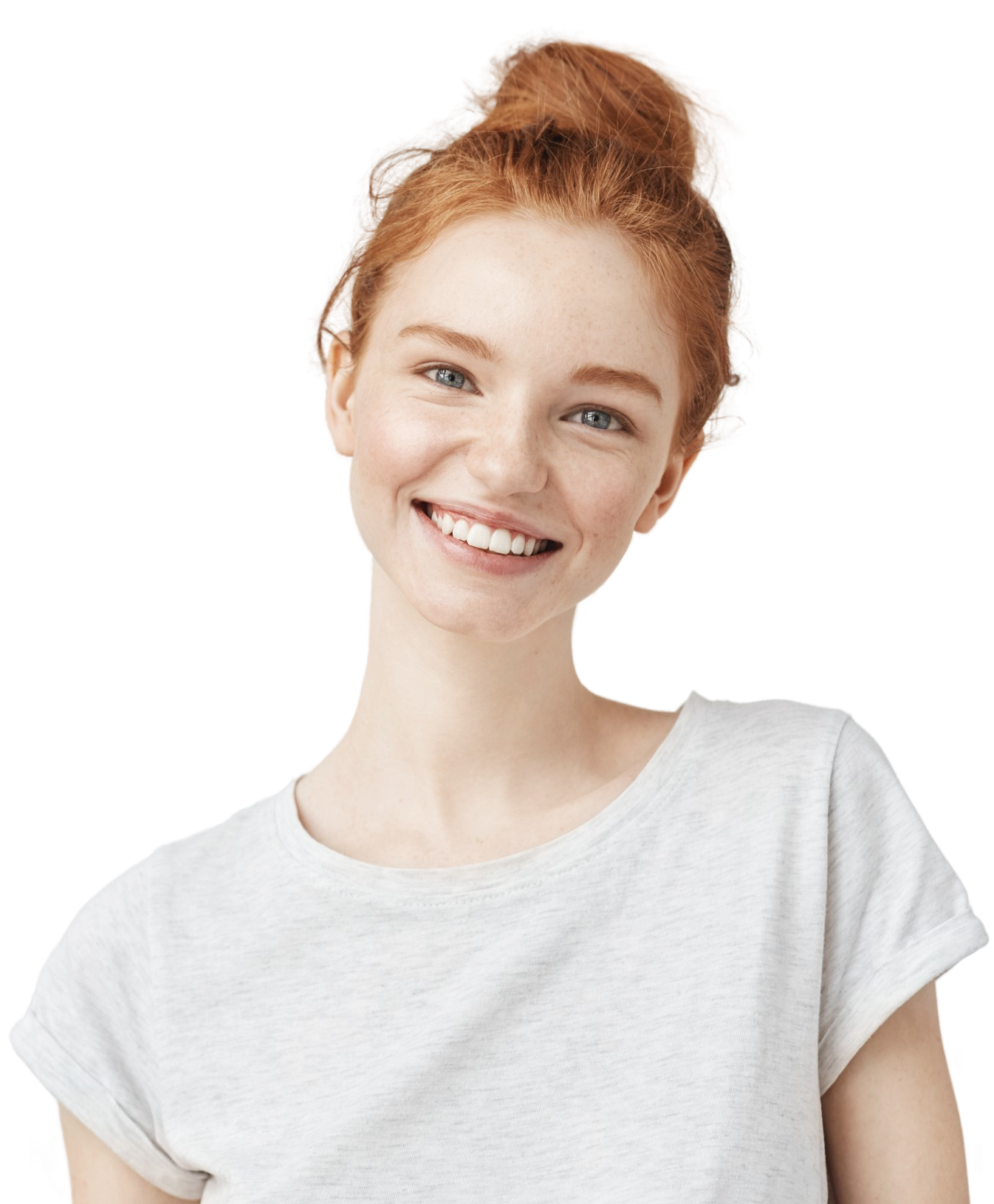Headshot Portrait of happy ginger girl with freckles smiling