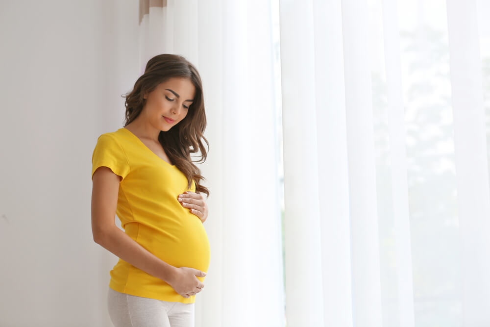 Young beautiful pregnant woman standing near window at home