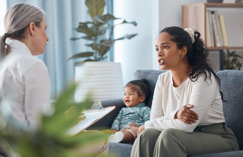 Talking, therapy and advice with baby and mother for postpartum depression, psychology and mental health