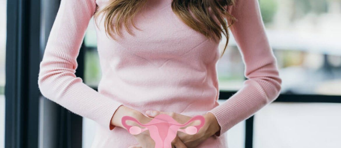 Woman hands touching virtual uterus, female reproductive system