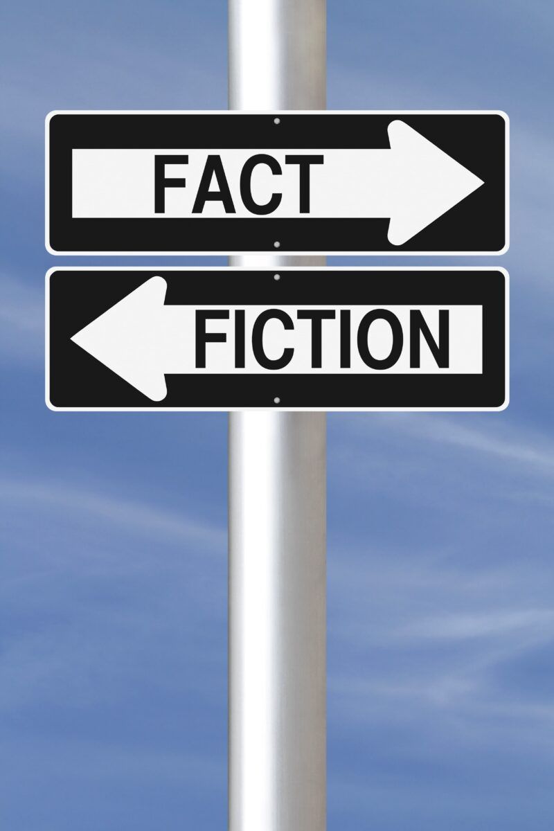 road signs reading "fact" and "fiction" pointing opposite directions