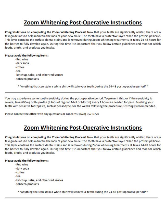 Whitening Post-Op Instructions form
