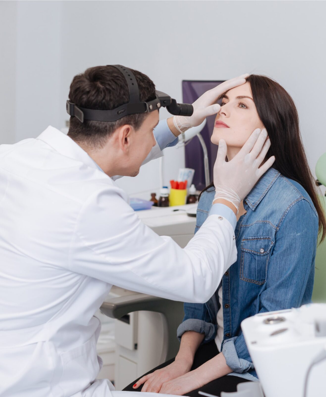 Very attentive medical worker looking at nose of his visitor