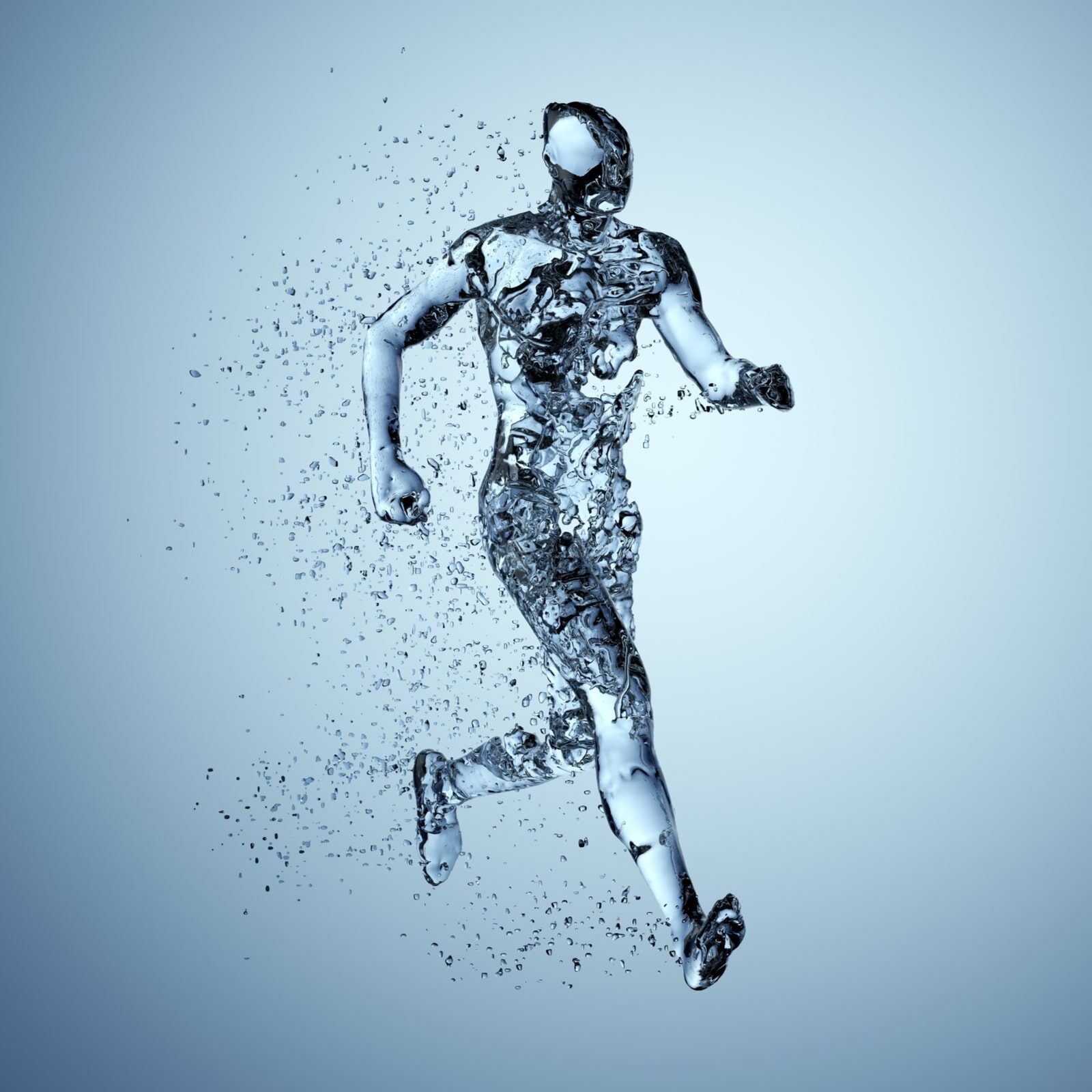 Human body shape of a running man filled with blue water