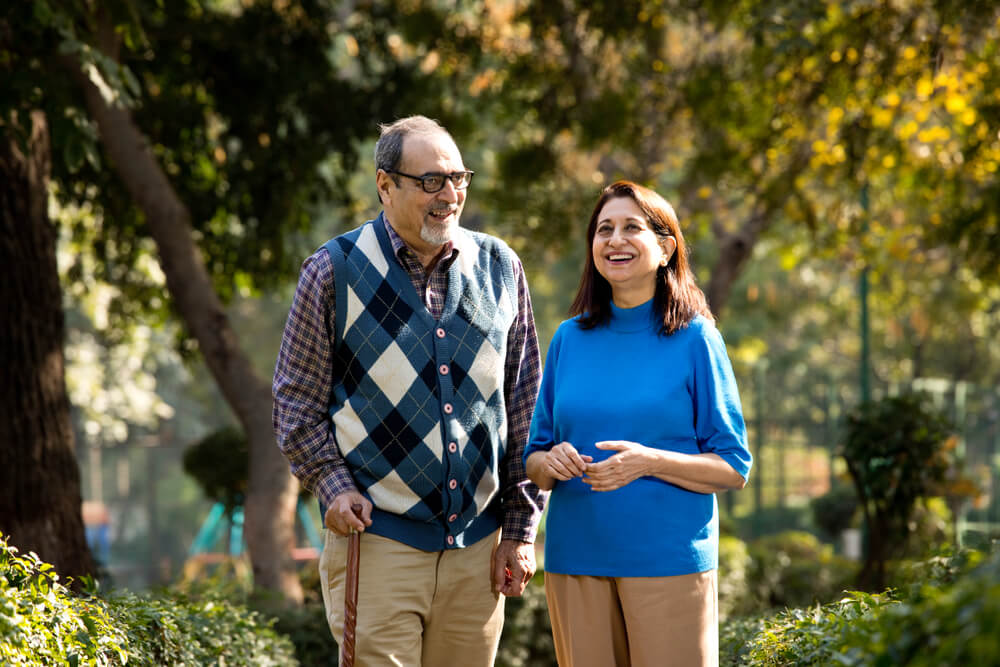 Happy senior couple admiring view at park