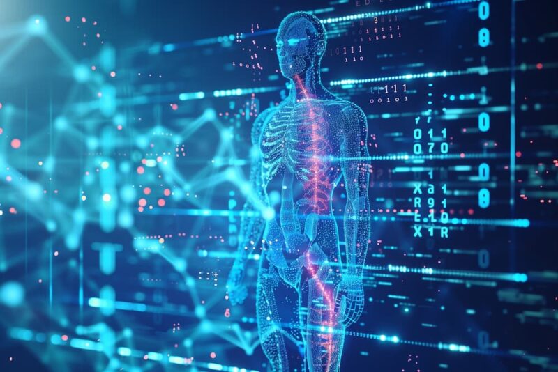 Digital rendering of a transparent human body skeleton and nervous system on a blue screen with data, illustrating the internal healing and biological maintenance achieved with hyperbaric oxygen therapy.