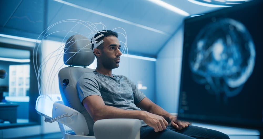 n a High-tech Laboratory Portrait of Male Patient Wearing Headset for Advanced Brain Scanning With Futuristic Neuroimaging Technology