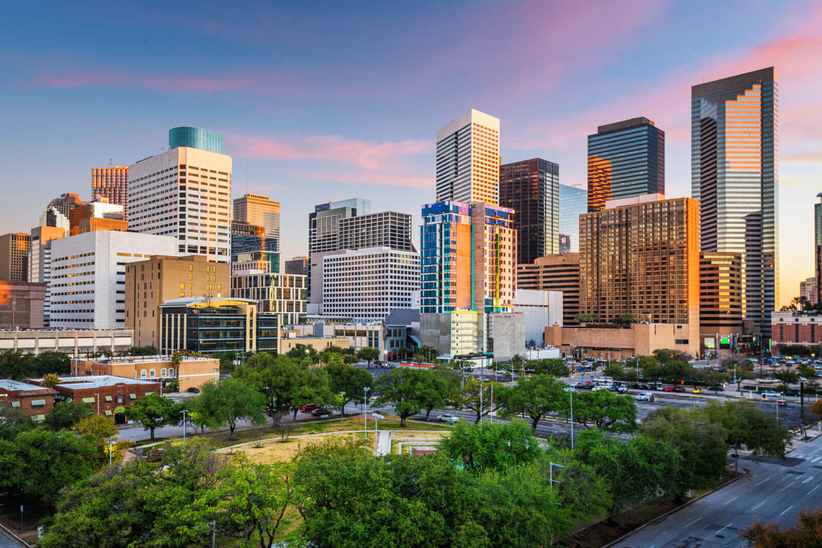 Houston, Texas, USA downtown park and skyline at twilight.