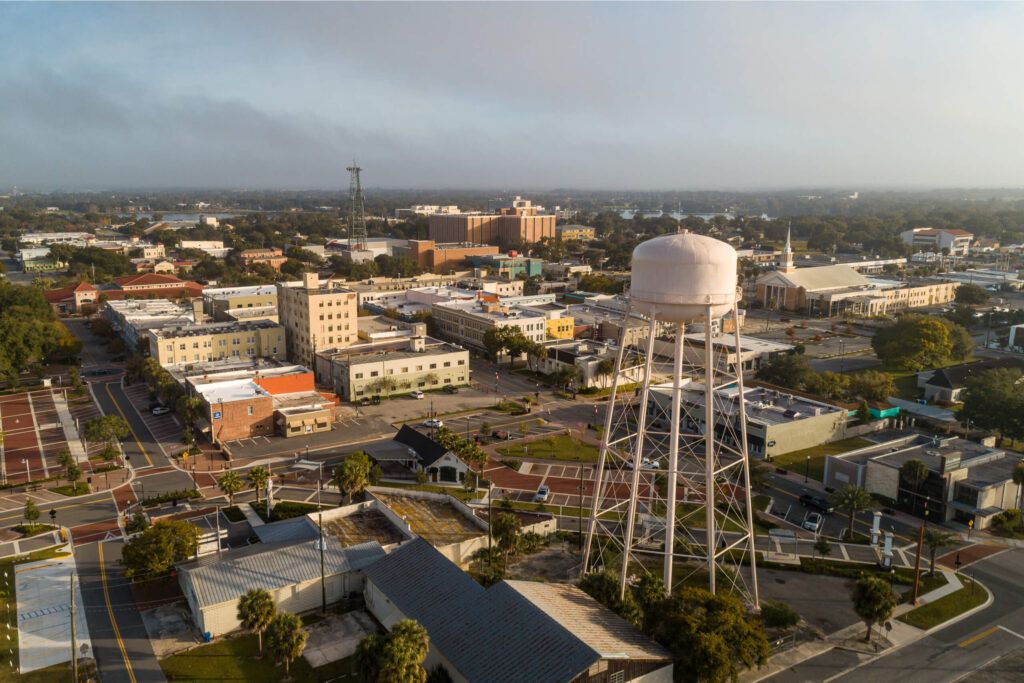 Aerial drone shot of downtown Winter Haven, FL
