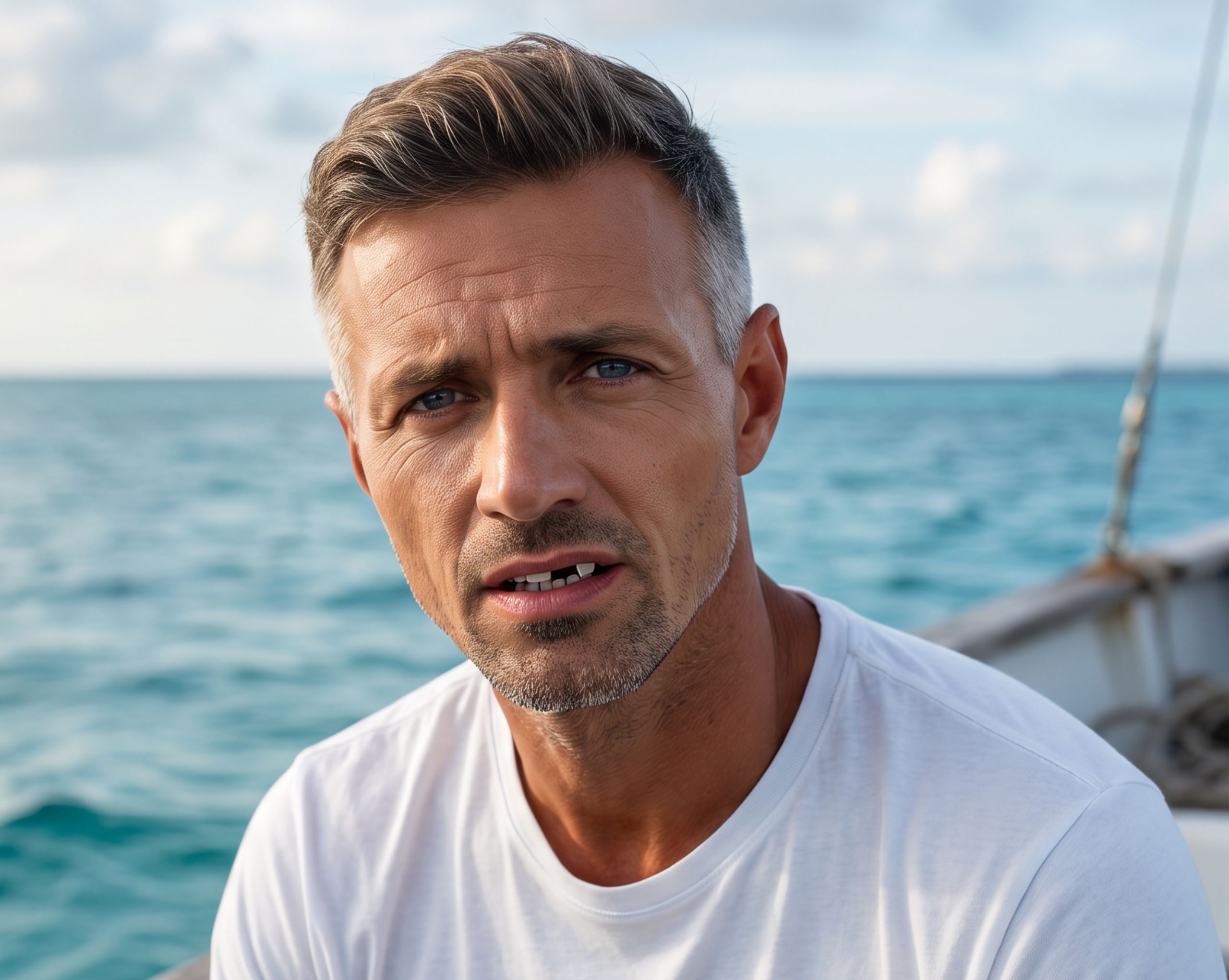 Concerned looking man showing that he has a chipped tooth