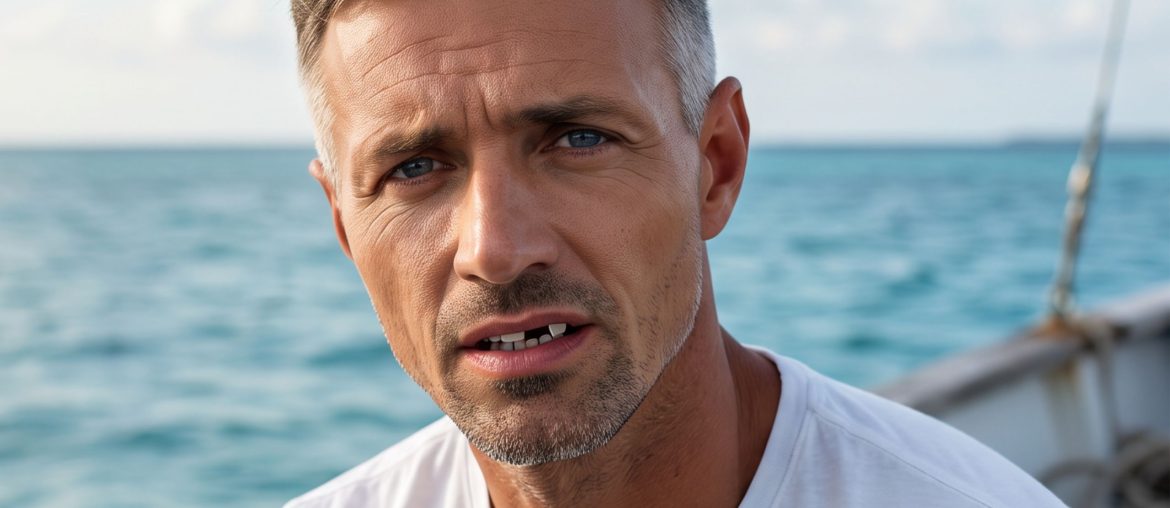 Concerned looking man showing that he has a chipped tooth