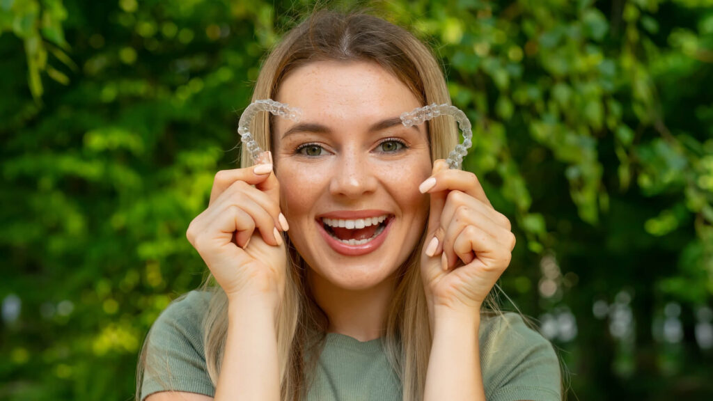 Young beautiful blonde woman holding dental aligner