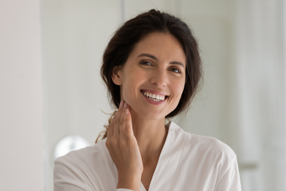 female with perfect healthy white smile enjoy morning