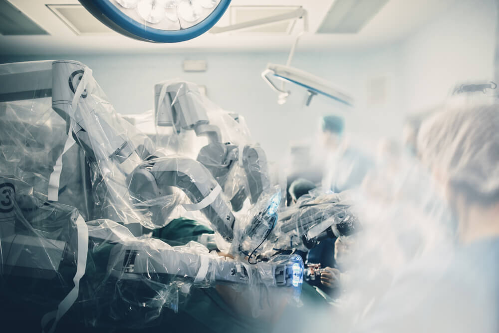 Surgical room in hospital with robotic technology equipment