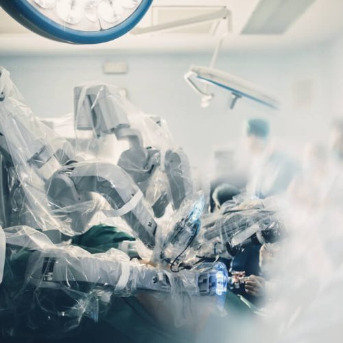 Surgical room in hospital with robotic technology equipment