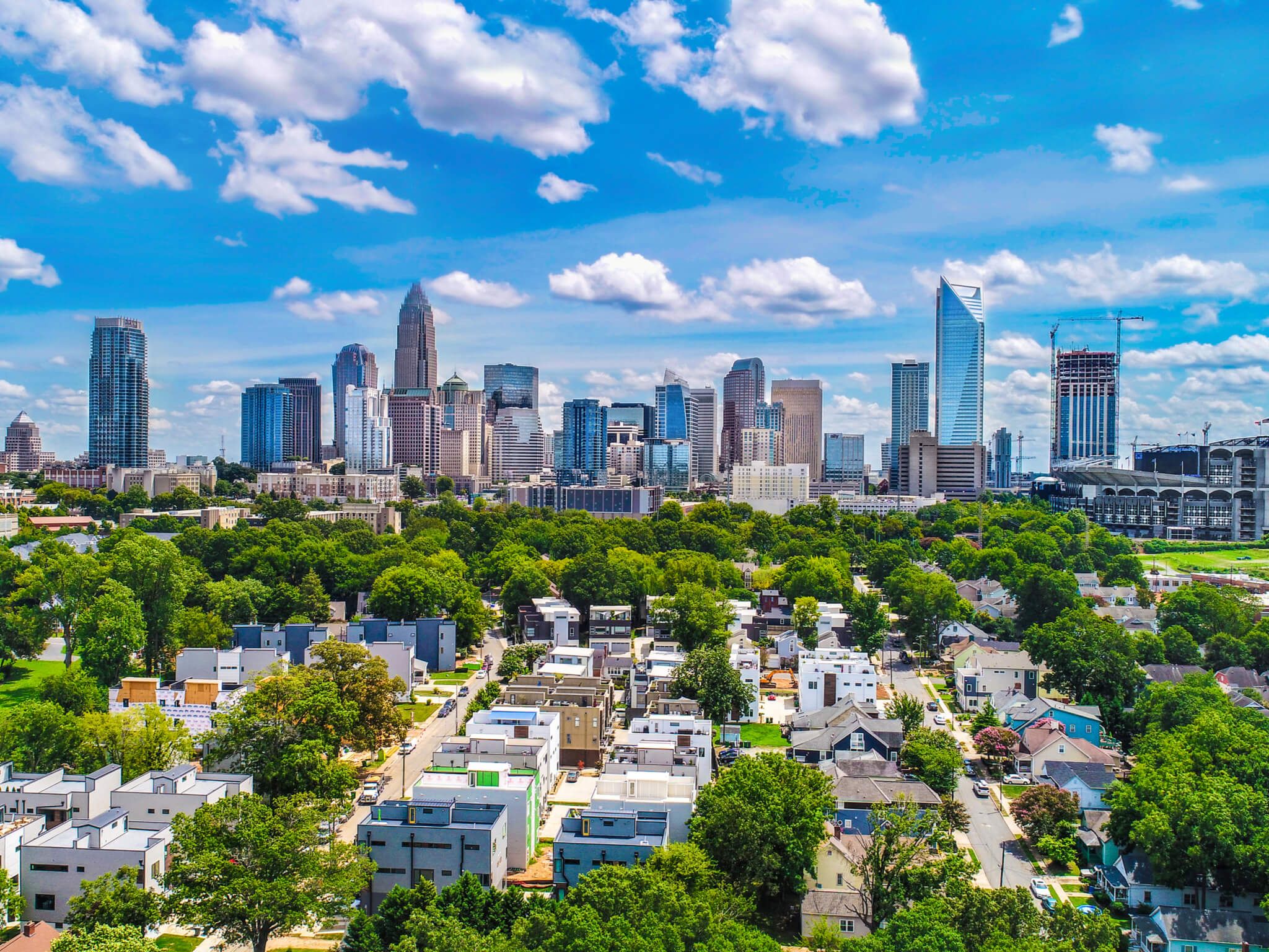 Drone Aerial of Downtown Charlotte, North Carolina, NC, USA Skyline.