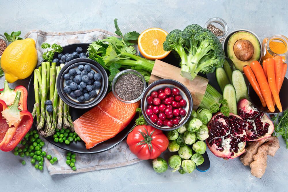 Healthy food selection on gray background