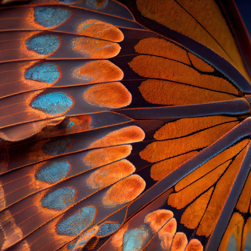 a butterfly wing with blue and orange colors