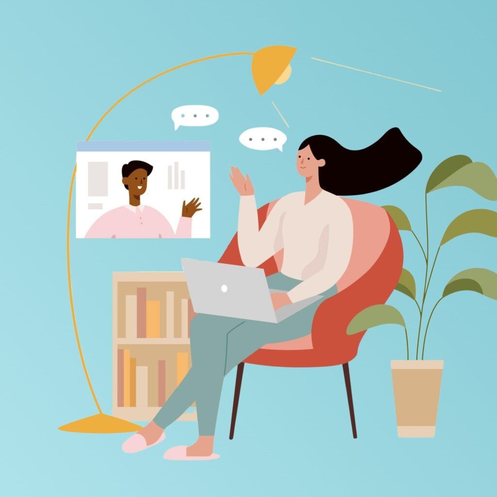 Woman using laptop at home and making video call - Illustration