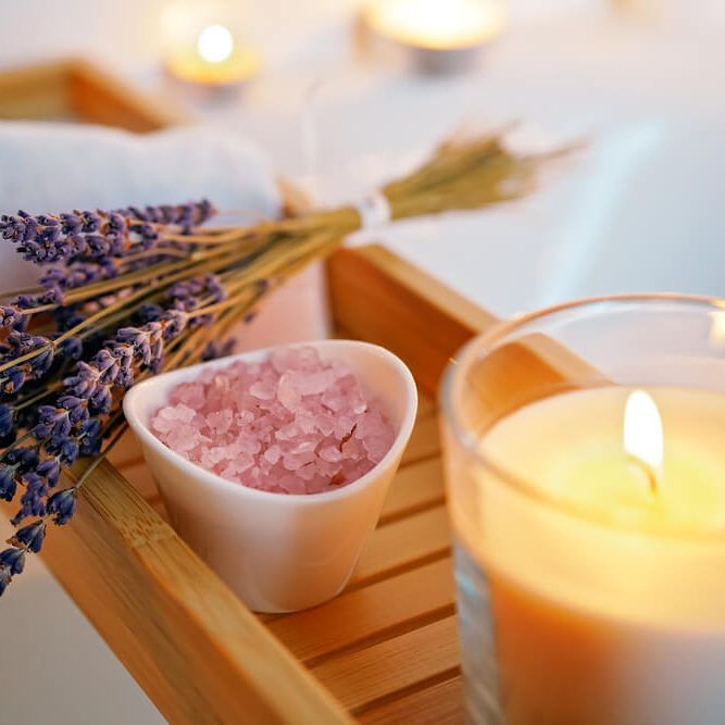 aroma salt and lavender on tub table