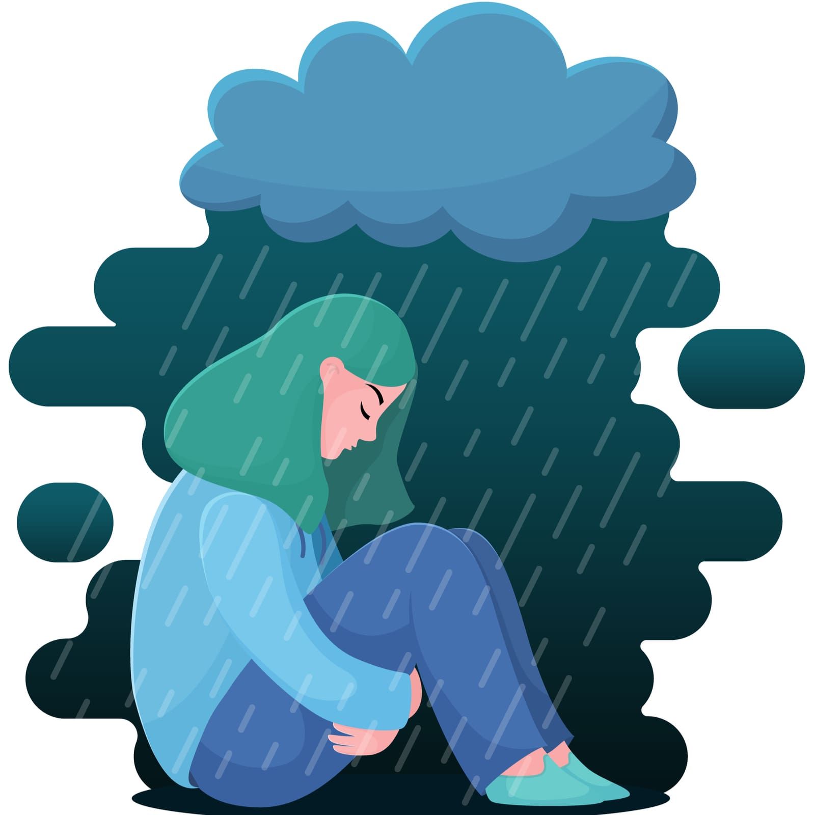 young woman sitting under rain - Flat vector illustration.