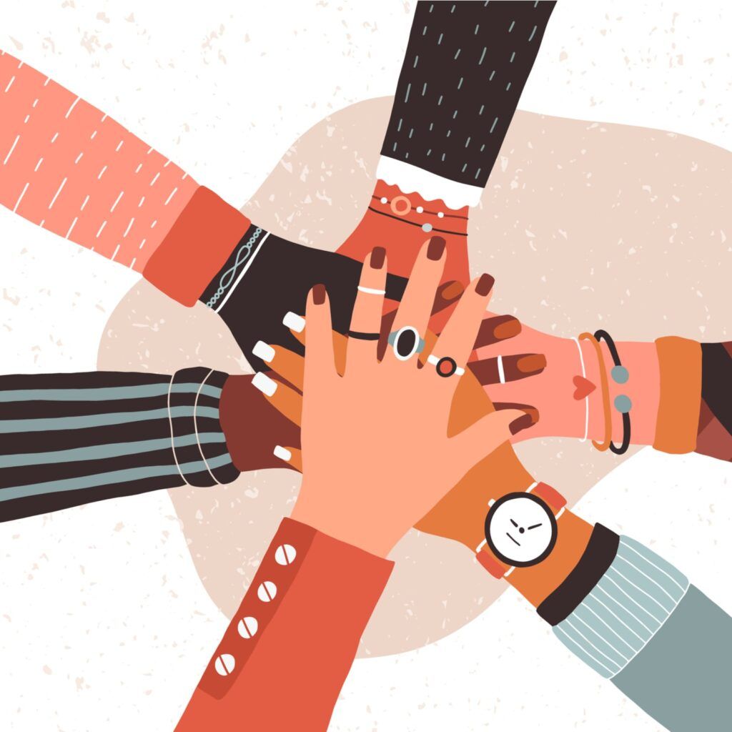 Hands of diverse group of people putting together-illustration