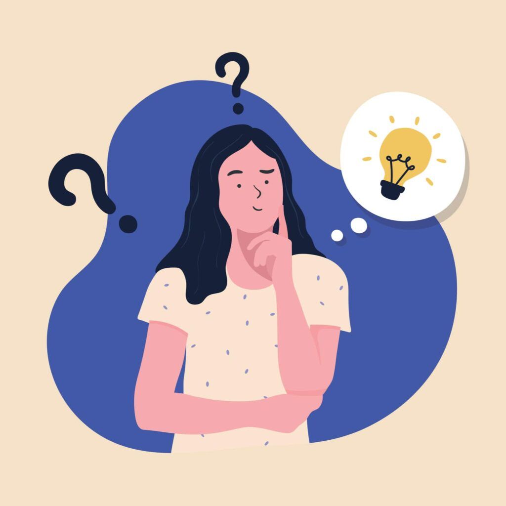 woman thinking, with question mark and light bulb icons - illustrations